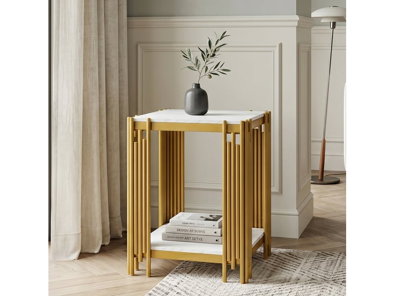  Table d’appoint moderne 43x40x55 cm, en mdf, structure métal, effet marbre, doré et coloris blanc  - Conforama E