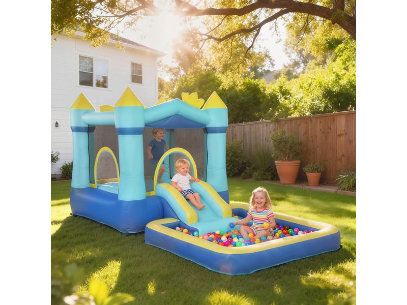  Château gonflable pour enfants avec toboggan, trampoline, piscine et panier de basket, 364 x 173 x 182 cm, bleu et jaune  - Conforama C