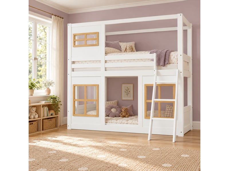  Lit mezzanine cabane avec échelle - 90x200cm - 3 fenêtres et espace libre sous le couchage - avec sommier à lattes - blanc et naturel  - Conforama D