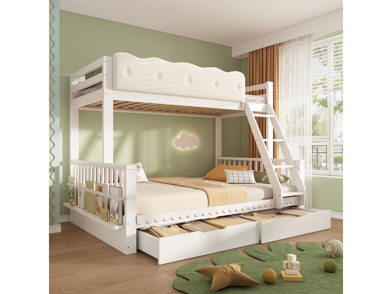  Lit superposé 90x200 140x200 en bois avec tiroirs et porte-revues - blanc  - Conforama B