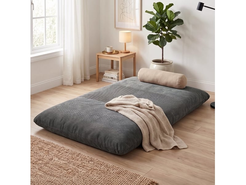  Canapé de sol convertible 145x184 cm 2-en-1 velours côtelé gris foncé sans matelas  - Conforama C