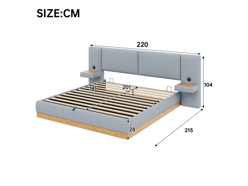 Lit coffre 140 x 200cm, avec étagère sur la tête de lit, port usb, gris et coloris naturel - Conforama C