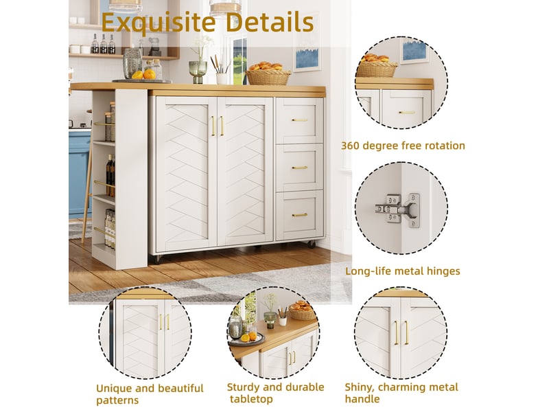 Meuble bar extensible avec 2 portes, 3 tiroirs, panier et roulettes pour cuisine et salon, 135 × 39 × 104 cm - Conforama E