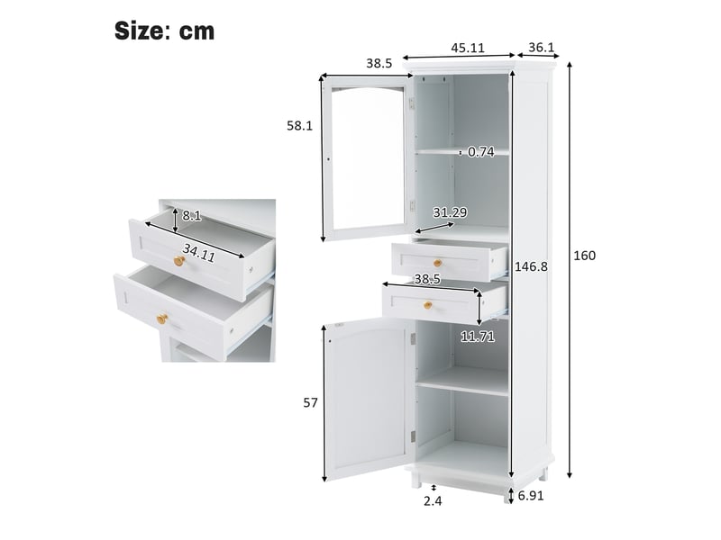  Colonne de salle de bain 2 portes 2 tiroirs en mdf blanc 45 x 36 x 160 cm  - Conforama C
