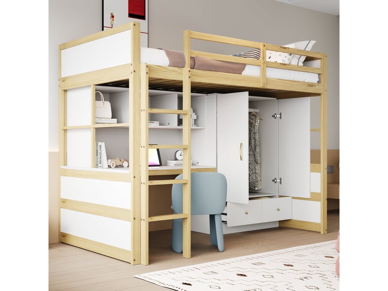  Lit mezzanine 90x200 cm en bois naturel avec échelle, bureau, armoire et tiroirs pour enfant  - Conforama D