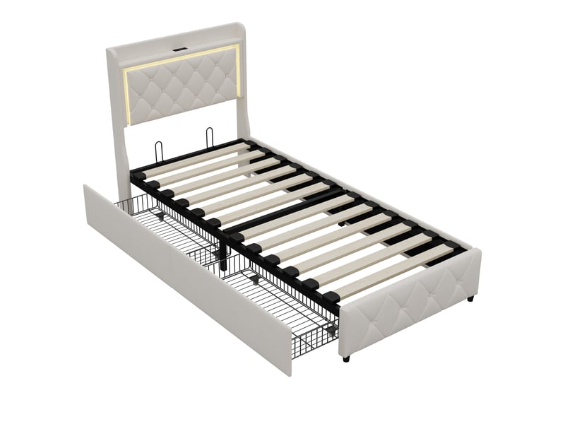  Kefsr lit simple 90x200 cm avec tiroirs de rangement, lit capitonné en velours beige avec tête de lit étagère, led rgb et ports usbtype-c  - Conforama W
