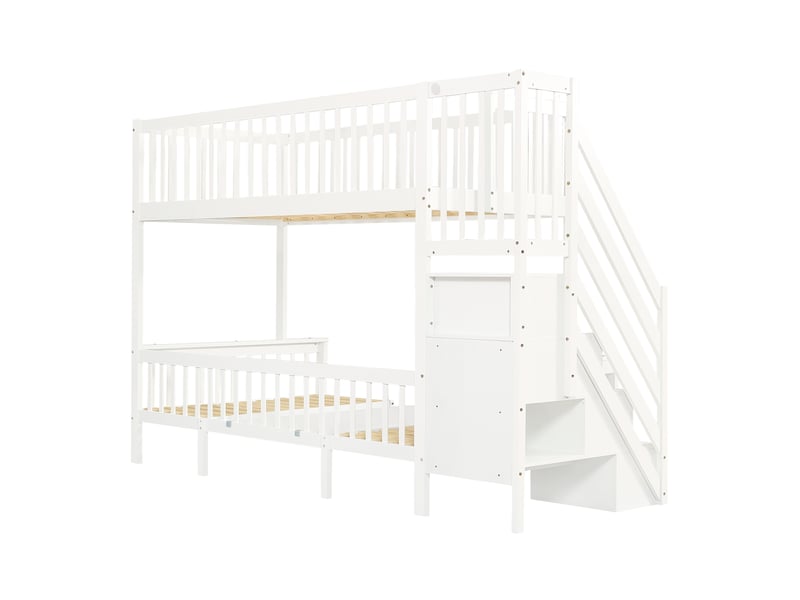  Lit superposé 90x200120x200 cm avec table réglable et escalier de rangement, blanc sécurisé  - Conforama D
