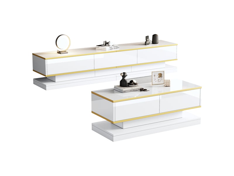  Ensemble meuble tv et table basse blanc brillant détails dorés  - Conforama E