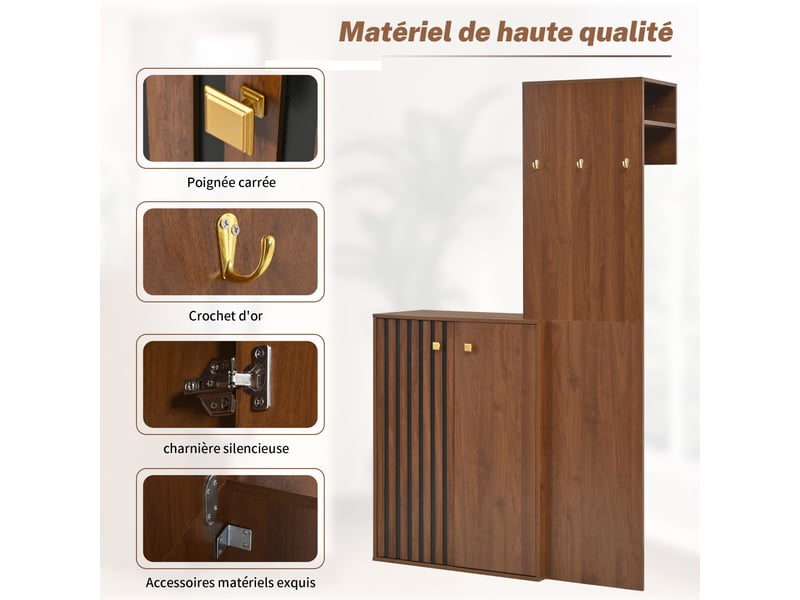  Meuble d'entrée multifonction avec penderie et range-chaussures, portes à stripes verticales, design moderne avec crochets et étagères  - Conforama E