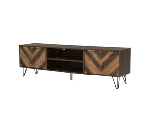 Meuble tv, placage bois massif, fer, 2 portes, poignées dorées, design moderne et élégant pour salon