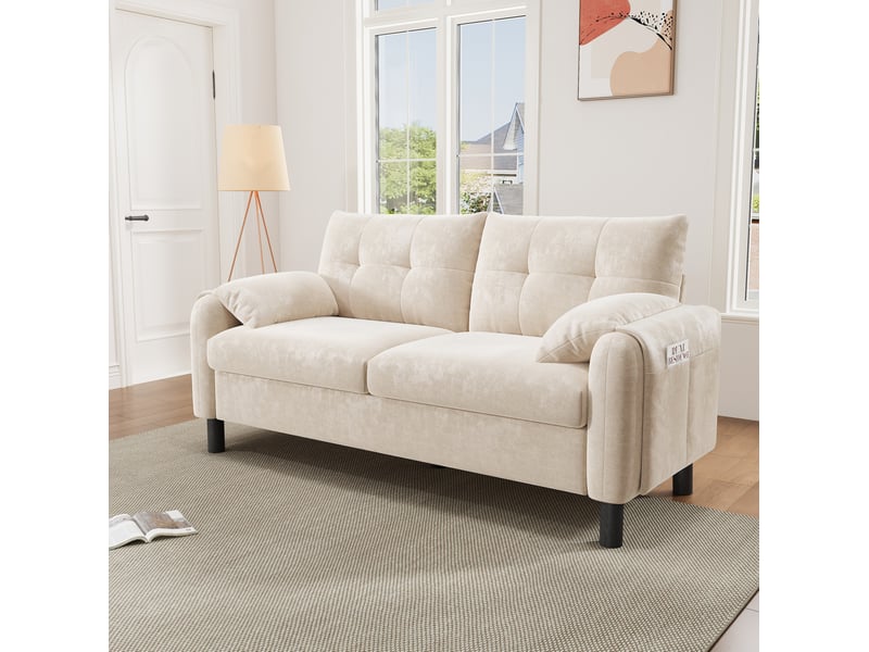  Canapé moderne 2 places 158x80x88,5 cm, poches de rangement et accoudoirs larges, assise épaisse, revêtement chenille beige  - Conforama D