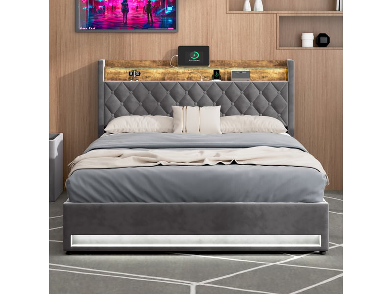 Lit coffre 180 × 200 cm avec usb, 2 prises, éclairage led et rangement, sans matelas, cadre métal gris - Conforama D