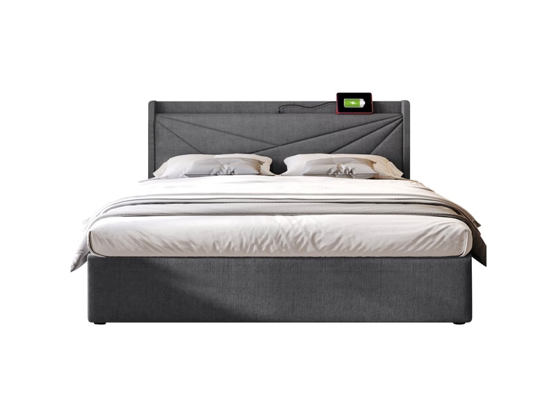  Lit coffre 180x200 cm en lin avec ports usb-c, tête de lit de rangement et sommier à lattes, sans matelas  - Conforama A