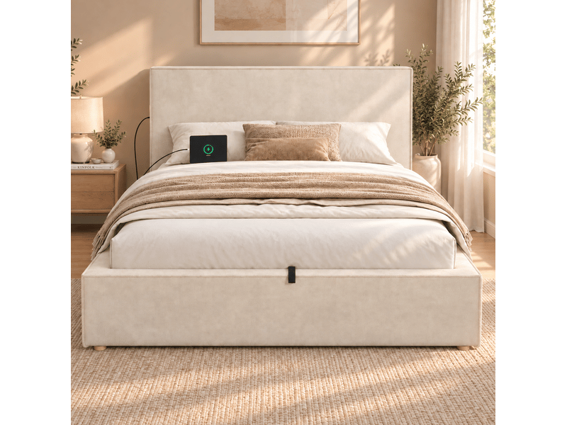  Lit coffre 120x200 cm à ouverture hydraulique beige sans matelas  - Conforama E