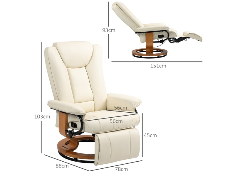 Fauteuil relax inclinable en similicuir crème, fauteuil tv avec repose-pieds, pivotant à 360 degrés pour salon ou bureau - Conforama C