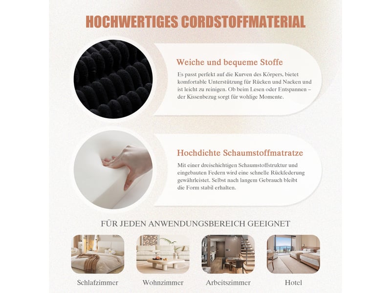 Canapé modulable 4 places en velours côtelé avec 2 poufs, canapé d’angle combinable, coussins, 2 poches latérales, mousse 3 couches, ressorts, noir Seren Glow - Conforama E