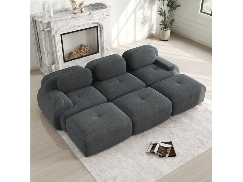 Canapé modulaire 3 places avec 3 poufs en velours côtelé gris - Conforama B