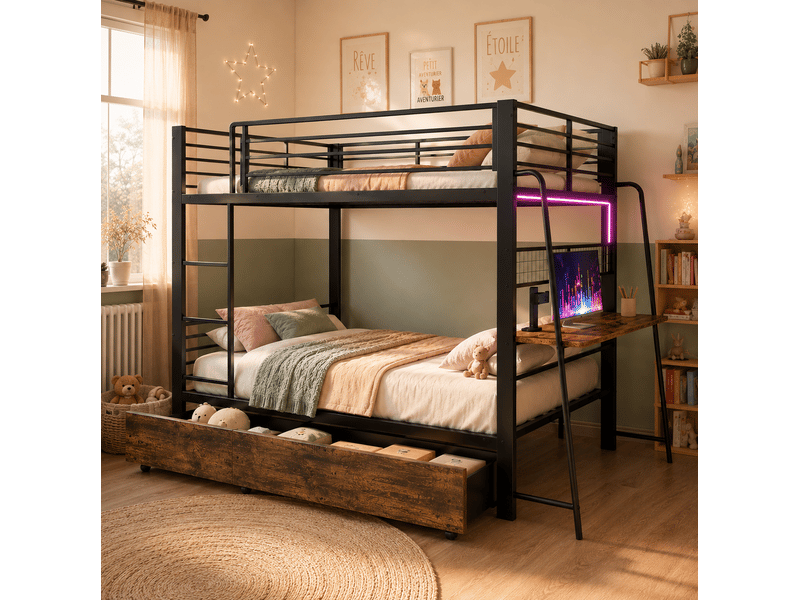  Lit superposé 90x200 cm avec bureau, led et tiroirs en métal et mdf couleur noir et brun, sans matelas, design industri  - Conforama B
