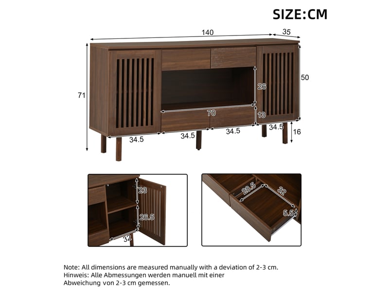 Buffet 140x35x71 cm 4 tiroirs et 2 portes persiennées coloris noyer - Conforama C