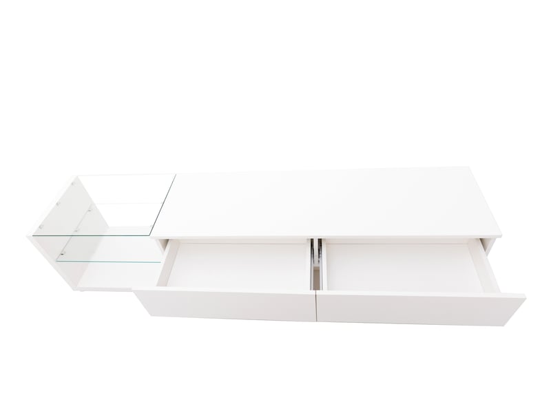  Meuble tv blanc laqué avec led 170 cm, banc tv moderne avec 2 tiroirs et étagères en verre  - Conforama R