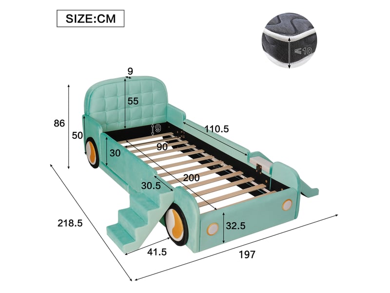  Lit pour enfant voiture, 90 x 200 cm, avec toboggan, escalier réversibles, matelas non inclus, coloris bleu et vert  - Conforama C