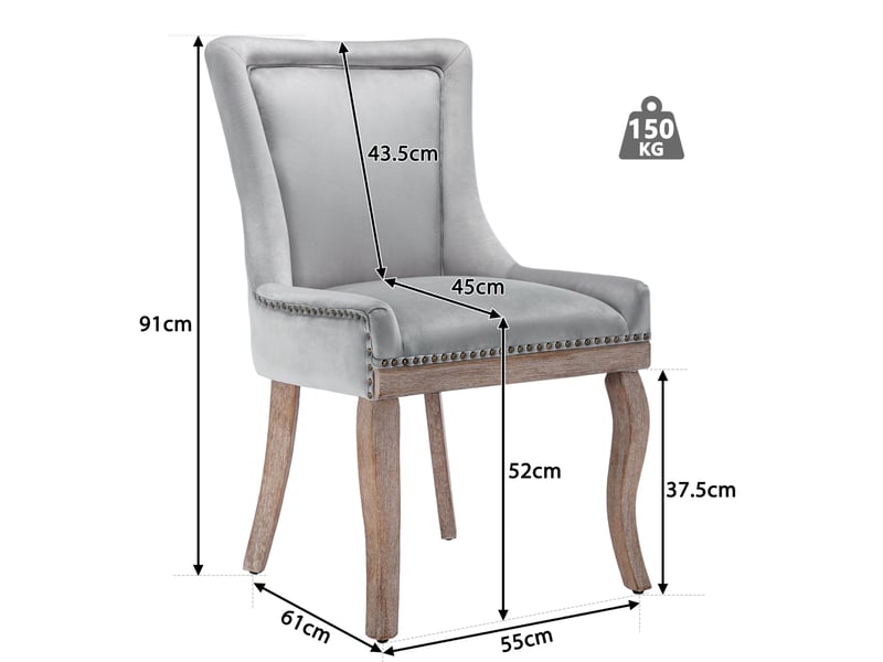  Lot de 2 chaises de salle à manger grises en velours, dossier capitonné, pieds en bois massif  - Conforama C