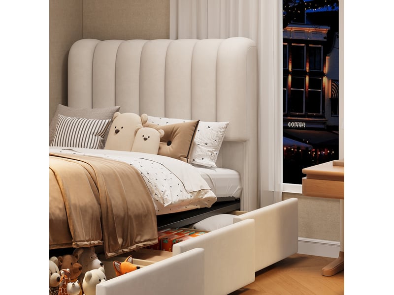  Lit coffre enfant 90x200 cm, design moderne, vérin hydraulique, avec 3 tiroirs et led, couleur beige, sans matelas  - Conforama E