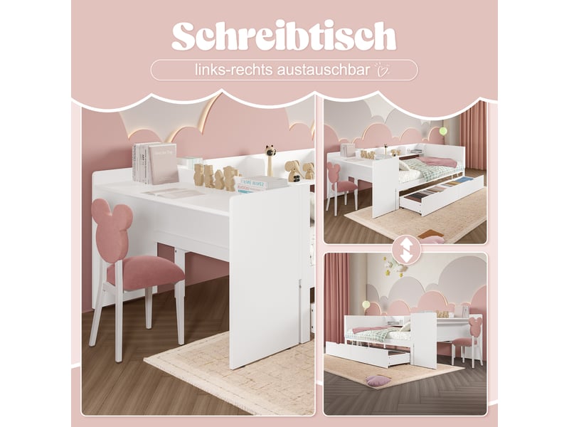  Lit simple 90x200 en bois blanc avec bureau intégré et 2 tiroirs  - Conforama D