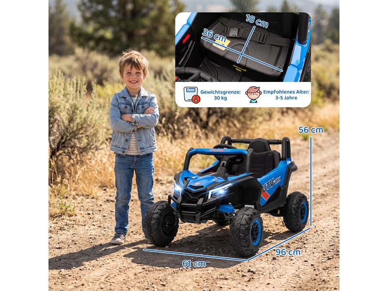  Voiture électrique 12v pour enfants, télécommande, ceinture de sécurité, klaxon, phares led, port usb, pour les 3-5 ans, bleue  - Conforama E