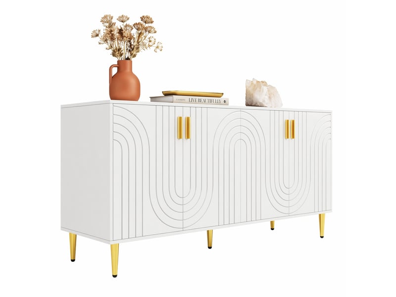  Buffet bas modenvie 152 x 40 x 75 cm blanc avec portes à motif ondulé, poignées et pieds dorés, 4 portes et 2 tiroirs  - Conforama A