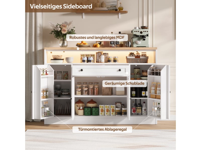  Buffet 140x35x95 cm blanc, 4 portes style grange, tiroir, rangements de porte et led rgb avec application, mdf  - Conforama E
