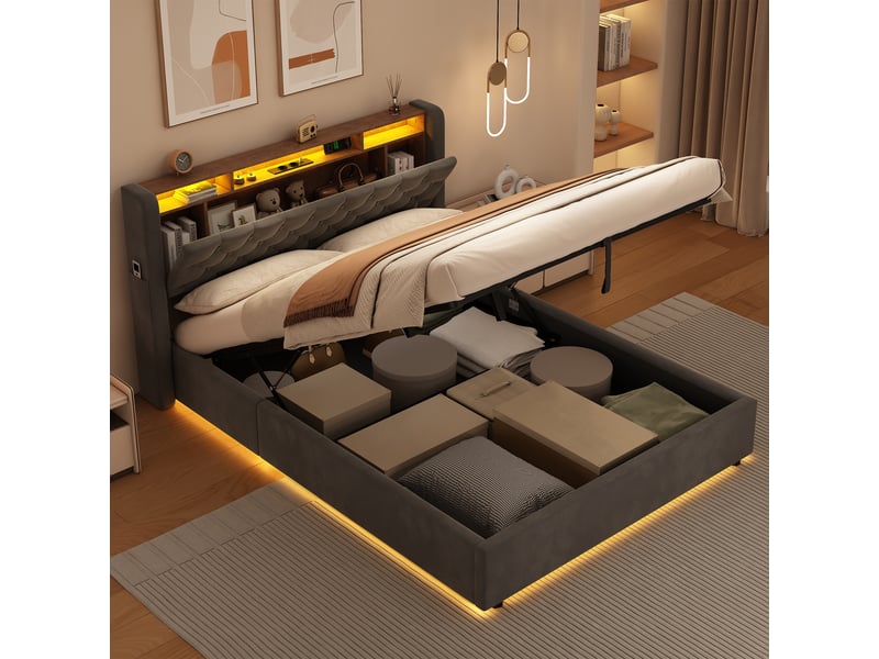  Lit rembourré gris 140 x 190 cm avec rangement hydraulique, étagère et ports usb-ausb-c  - Conforama C