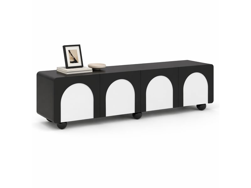  Meuble tv avec 2 tiroirs, 2 portes et passe-câbles pour salon 180×38×45 cm en mdf noir et blanc  - Conforama A