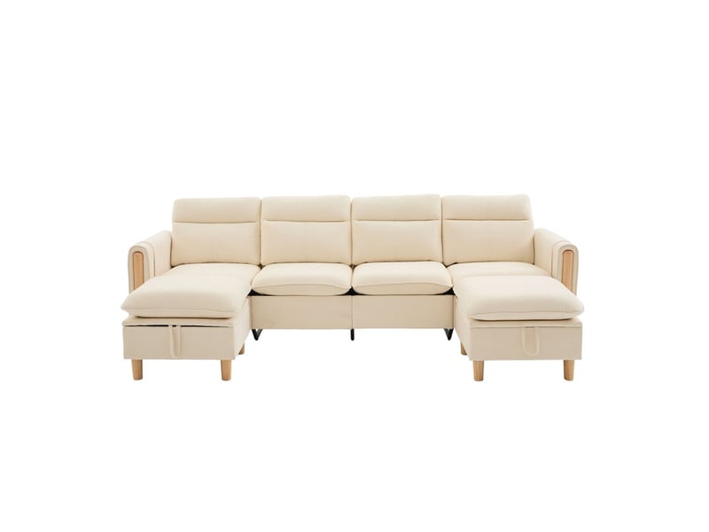  Canapé d'angle 3 places, avec 2 pouf de rangement, 261x77x86cm, beige  - Conforama A