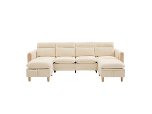 Canapé d'angle 3 places, avec 2 pouf de rangement, 261x77x86cm, beige