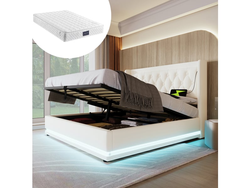  Lit coffre 160 × 200 cm 2 places avec led 3 côtés, usb et type-c, coffre hydraulique, matelas inclus, en pu blanc  - Conforama B