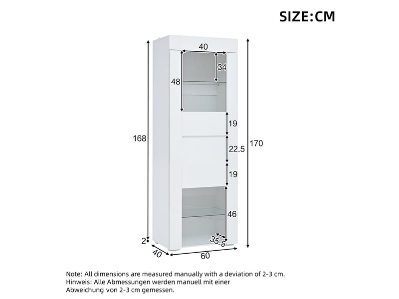 Vitrine haut 170 cm et meuble de rangement avec led portes en acrylique, 2 étagères verre brillant, 60 × 40 × 170 cm, blanc, avec rangement modulable CARDUME ESTIVAL - Conforama C