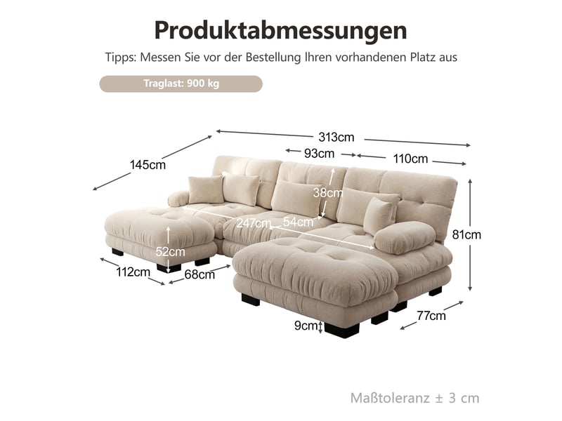  Canapé d'angle modulable en u 313x145x81 cm en chenille café clair avec ottomans et led  - Conforama C