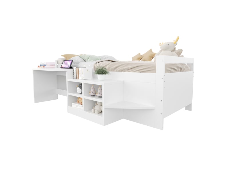 Lit enfant 90x200 cm bureau intégré rangements multiples prises 2 ports usb+secteur marche accès pin blanc sans matelas - Conforama E