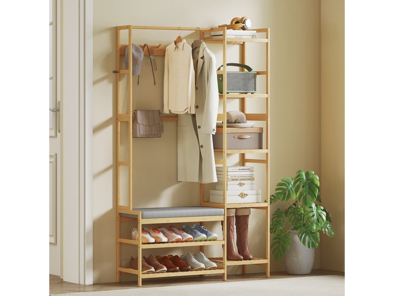  Vestiaire d'entrée style naturel bois bambou 5 + 2 étagères 10 patères barre penderie banc  - Conforama B
