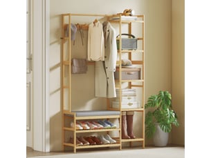 Vestiaire d'entrée style naturel bois bambou 5 + 2 étagères 10 patères barre penderie banc