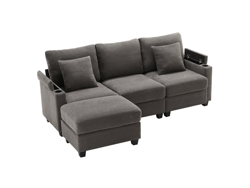  Canapé d'angle en l 213,5x139x87 cm avec rangement, port usb et coussins, velours côtelé gris foncé  - Conforama A