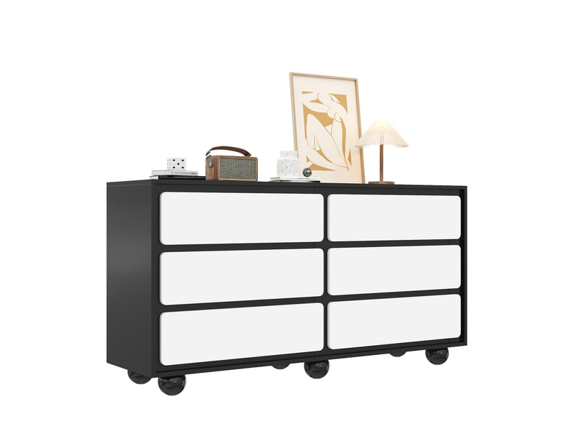 Commode avec 6 tiroirs de rangement en panneaux de particules 140×38×74,5 cm blanc et noir  - Conforama A