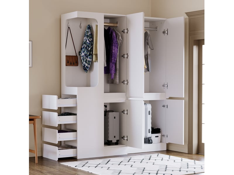  Armoire 140x40x170 cm avec 4 tiroirs et penderie ouverte coloris blanc et bois  - Conforama D