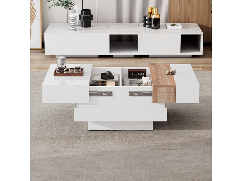  Table basse carrée blanche plateau extensible rangement caché finition brillante 70x70 cm  - Conforama E