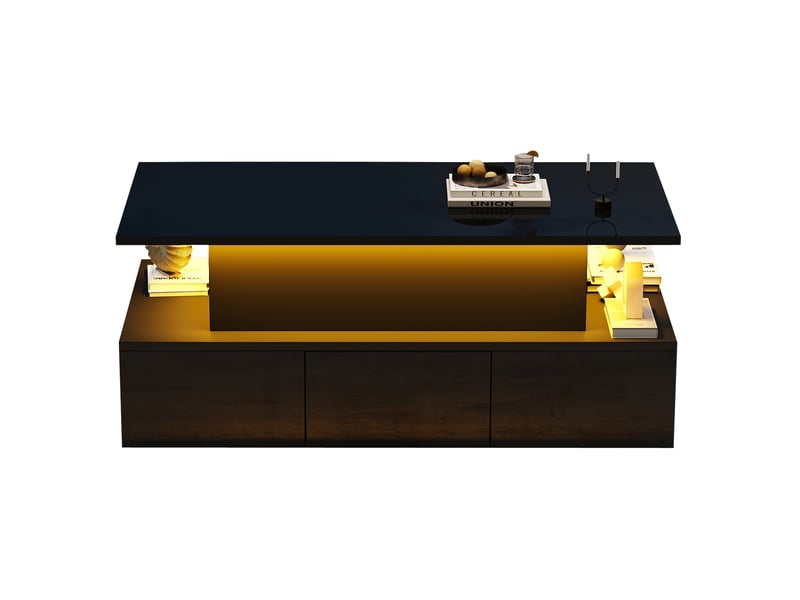  Table basse relevable noire avec 4 tiroirs et led, plateau laqué brillant, espace de rangement caché, mdf  - Conforama A