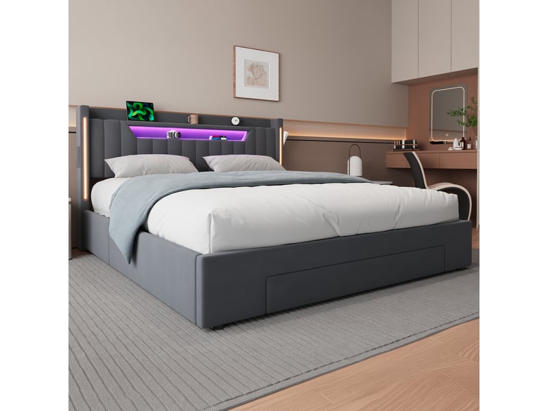  Tcqpz lit double 160x200 cm avec led et rangement sous le lit, sommier relevable, gris  - Conforama D