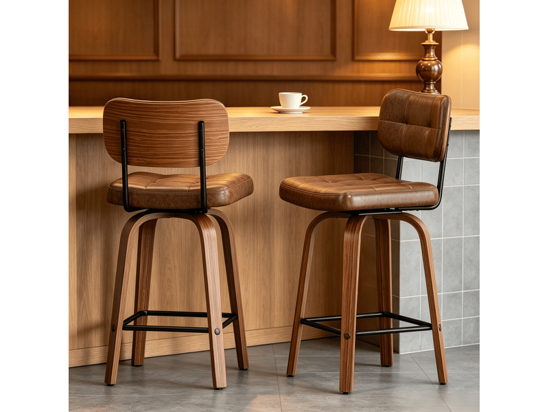  Tabouret de bar pivotant avec dossier ergonomique et design scandinave, en cuir pu et bois, marron noyer  - Conforama B