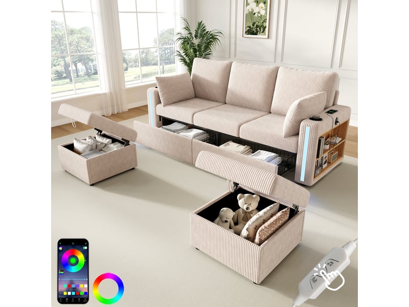  Canapé d’angle modulable ul 190 x 130 x 85 cm avec 2 poufs coffre, led connectée, usbtype-c, rangement intégré, velours côtelé - beige  - Conforama B