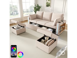 Canapé d’angle modulable ul 190 x 130 x 85 cm avec 2 poufs coffre, led connectée, usbtype-c, rangement intégré, velours côtelé - beige